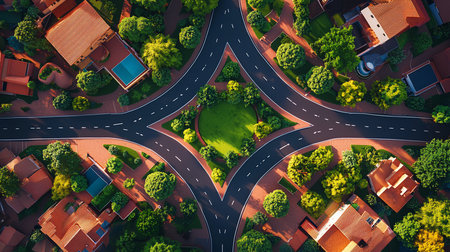 An aerial view showcases a meticulously designed intersection featuring roads, buildings, and abundant greenery. The roads are dark with white lines.の素材