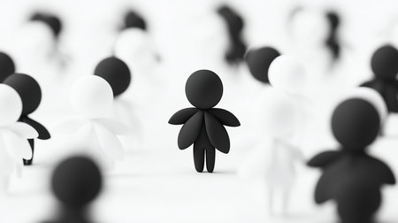 A black, stylized figure with a spherical head and petal-like arms stands amidst blurred white and black figures in a minimalist 3D rendering.の素材