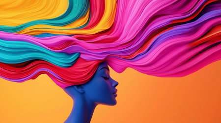 A blue-skinned woman with closed eyes and long eyelashes, adorned with vibrant, flowing hair in shades of pink, red, yellow, and teal.の素材
