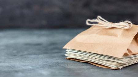A brown paper bag, tied with twine, partially open, revealing a stack of US dollar bills. The bag has a textured surface.の素材