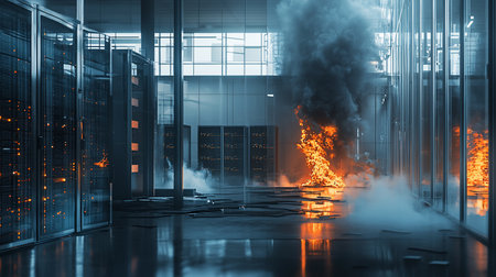 Intense fire consumes a data center, server racks burning, dense black and white smoke billowing, and debris scattered on the reflective floor.の素材