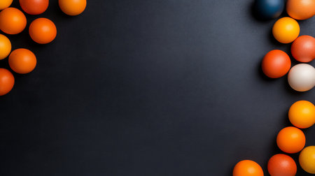 Smooth, matte, colorful eggs in assorted shades of orange, yellow, white, and dark blue, clustered together.の素材