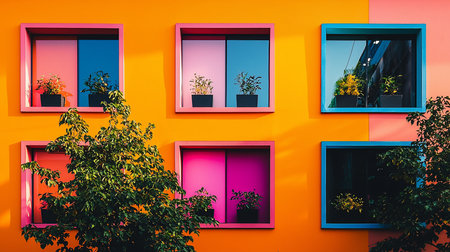 A vibrant building facade featuring square windows with colorful frames, each containing potted plants. The windows reflect the surroundings, creating a dynamic composition.の素材
