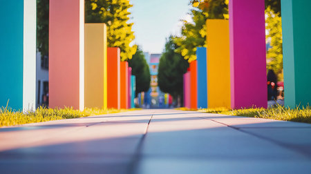 A series of brightly colored rectangular pillars stand in a row, creating a pathway. Each pillar displays a different vibrant color.の素材