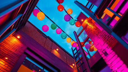 A collection of vibrant, round paper lanterns in various colors suspended from wires against a blue sky. The lanterns are illuminated.の素材