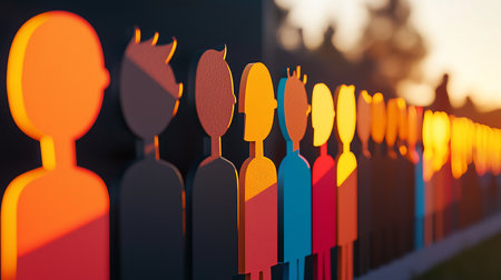 A row of colorful, stylized 3D silhouettes of people, each with a unique shape and color, illuminated by warm sunlight.の素材
