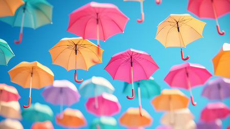 A vibrant collection of open umbrellas in various colors, including pink, yellow, and turquoise, suspended against a clear blue sky.の素材