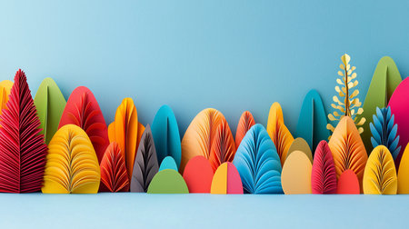 A vibrant array of paper cutout trees and leaf shapes, featuring textured surfaces and a variety of bright colors, arranged in a forest-like composition.の素材