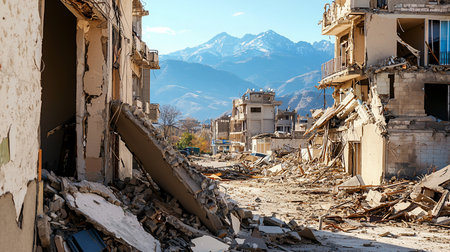 Piles of crumbled concrete, broken bricks, and twisted rebar from destroyed buildings fill a devastated urban street.の素材