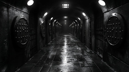 A long, dark tunnel with riveted metal doors and a wet, tiled floor, illuminated by overhead lights. The scene is monochromatic and industrial.の素材