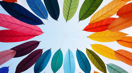 A collection of vibrant, artificial leaves in various colors, suspended from strings, arranged in a circular formation. Each leaf has a detailed vein pattern.の素材