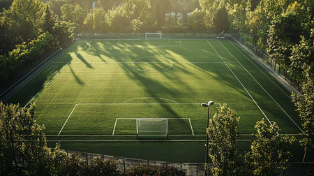 Aerial view of a vibrant green artificial turf soccer field with crisp white markings, two goals, and long tree shadows.の素材