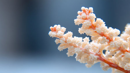 Close-up of coral branch featuring creamy white polyps, reddish stems, and intricate textures. The coral displays a delicate structure.の素材