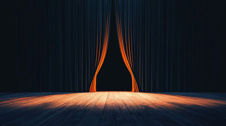 A dark wooden plank floor leads to heavy, dark blue curtains, slightly ajar, with a bright, warm orange light shining through the opening onto the stage.の素材