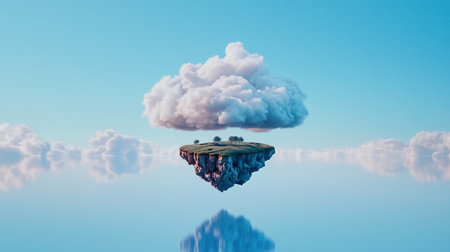 Floating island with lush green grass, small trees, rugged rocky underside. A large, soft, white cumulus cloud hovers directly above the landmass.の素材