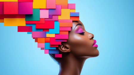 Close-up profile of a woman with smooth dark skin, eyes closed, featuring vibrant pink makeup. Her hair is creatively replaced by a cascade of colorful geometric blocks.の素材