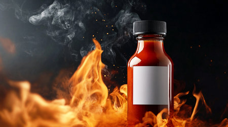 Glass bottle filled with red hot sauce, featuring a blank white label and a black ribbed cap, surrounded by flames and smoke.の素材