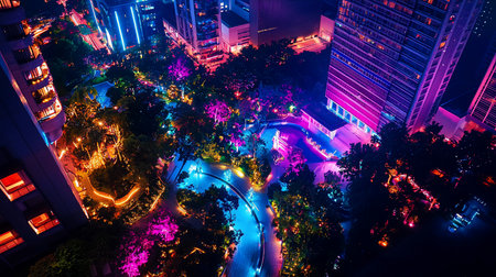 An aerial view of a beautifully illuminated city park at night, featuring trees and pathways glowing with vibrant blue, purple, and orange neon lights, flanked by tall, modern buildings.の素材
