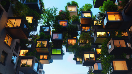 Modern building featuring cube-shaped apartments with large windows, integrated with greenery, trees, and plants, creating a unique urban ecosystem.の素材