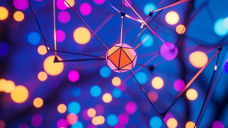 A geometric orange sphere with black lines connecting to it, surrounded by colorful bokeh lights. The sphere has a polygonal design.の素材