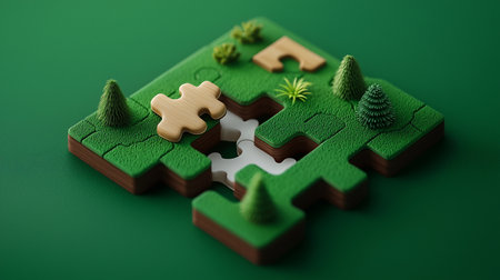 A 3D puzzle forms a miniature landscape with textured green grass, tiny trees, and a light wood piece being fitted into a white-bottomed gap.の素材