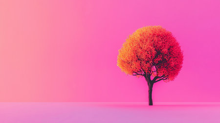 A single stylized tree with a dark trunk and a dense, rounded crown of tangled, coral-like foliage. The vibrant canopy shifts from orange to red.の素材