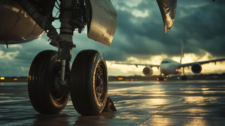 Close-up of an aircraft's main landing gear, showcasing two large, dark, textured rubber tires and intricate, weathered metallic support structures.の素材