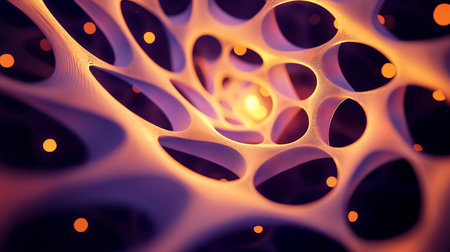 A complex, interconnected structure with oval openings, illuminated by soft orange light and accented with deep purple shadows, creating a mesmerizing visual effect.の素材