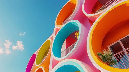 A vibrant building facade featuring circular openings in pink, orange, yellow, and blue, with balconies, plants, and white railings.の素材