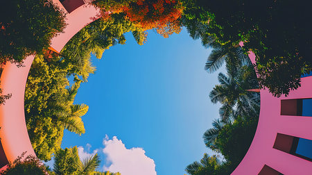 Upward view of a pink circular building framing lush green tropical trees against a clear blue sky with scattered white clouds.の素材