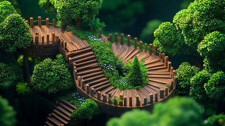 A detailed miniature model of a winding wooden walkway and spiral staircase, nestled among vibrant green trees and decorated with tiny plants, flowers, and a small pine tree.の素材