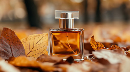 A square glass perfume bottle with a silver cap, filled with amber liquid. The bottle is clear, and the cap is rectangular.の素材