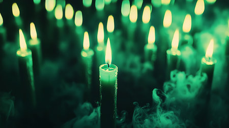 A collection of green candles with lit flames, surrounded by wisps of green smoke, creating a mystical atmosphere.の素材
