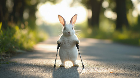 A fluffy white rabbit with long pink-lined ears and prominent whiskers stands upright, holding two metallic walking sticks with black grips.の素材