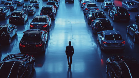 A man in a dark suit walks away from the viewer, between rows of dark, shiny cars with red taillights, in a cool-toned, reflective environment.の素材