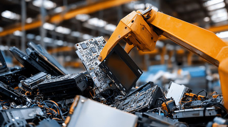 An industrial robot arm, painted yellow, is shown manipulating electronic waste, including circuit boards and monitors. The scene depicts a recycling process.の素材