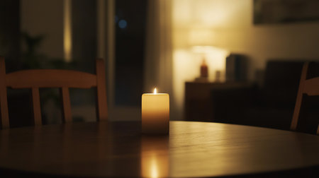 A creamy, lit candle sits on a dark wooden table, casting a warm glow and reflecting on the surface.の素材