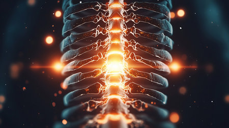 Detailed spine illustration with glowing orange light emanating from the center, highlighting the vertebrae and spinal structure.の素材