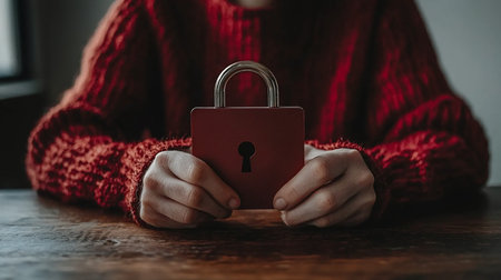 A person wearing a cozy, textured red sweater presents a square red padlock with a shiny silver shackle and a prominent keyhole, holding it upright on a wooden surface.の素材
