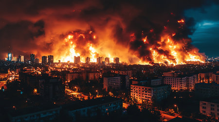 A massive fire rages across a city, with flames and smoke dominating the skyline, illuminating the urban landscape below.の素材