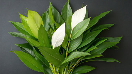 Lush, healthy Peace Lily plant with glossy green leaves in diverse shades, accented by two prominent, elegant white spathes.の素材