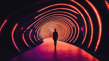 A person walks away through a tunnel with red glowing lights, creating a sense of depth and perspective. The tunnel is illuminated, and the person is silhouetted.の素材