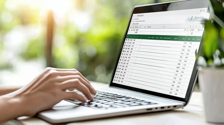 A person's hands typing on a laptop keyboard, displaying a spreadsheet with data. The laptop is open, showing rows and columns of numbers and text.の素材