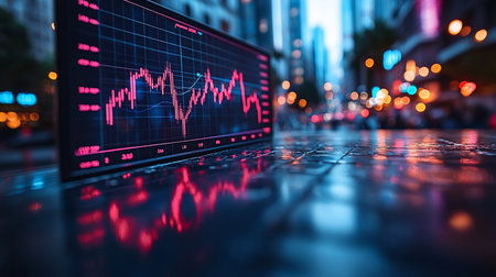 Detailed view of a digital display showcasing a complex financial chart with bold pink candlesticks and a contrasting blue overlay.の素材