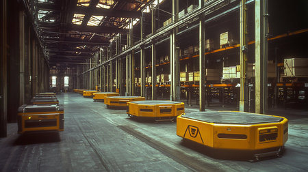 Spacious industrial warehouse interior with yellow autonomous guided vehicles on a dark floor, flanked by tall metal storage racks holding numerous cardboard boxes.の素材