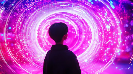 Rear view of a person with dark hair and jacket, silhouetted against an intensely glowing, spiraling magenta and blue light tunnel.の素材