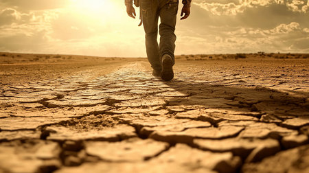 A person walks on cracked, dry earth, with visible cracks and textures. The person is wearing jeans and boots. The scene is lit by bright sunlight.の素材