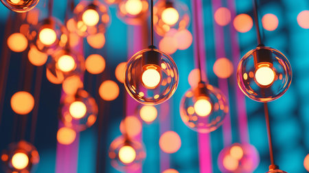 Clear spherical glass bulbs suspended by dark wires, emitting a warm, bright yellow-orange glow, creating a modern lighting display.の素材