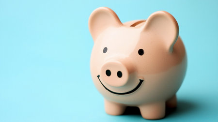 Ceramic piggy bank, light pink color, with a smiling face and coin slot, standing on a light blue surface.の素材