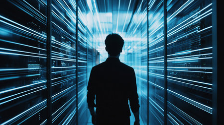 Dark silhouette of a person walking forward, amidst glowing blue light streaks from data servers, creating a high-tech atmosphere.の素材